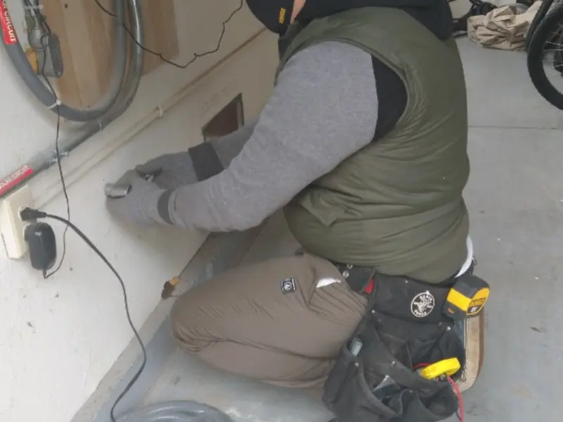 Electrician performing outlet wiring in a Bergenfield garage